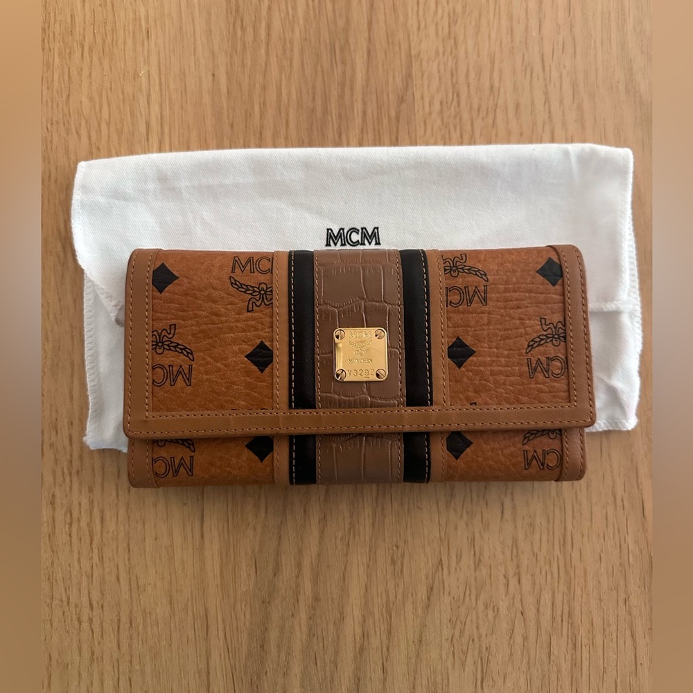 MCM cognac tri-fold long wallet with dustbag